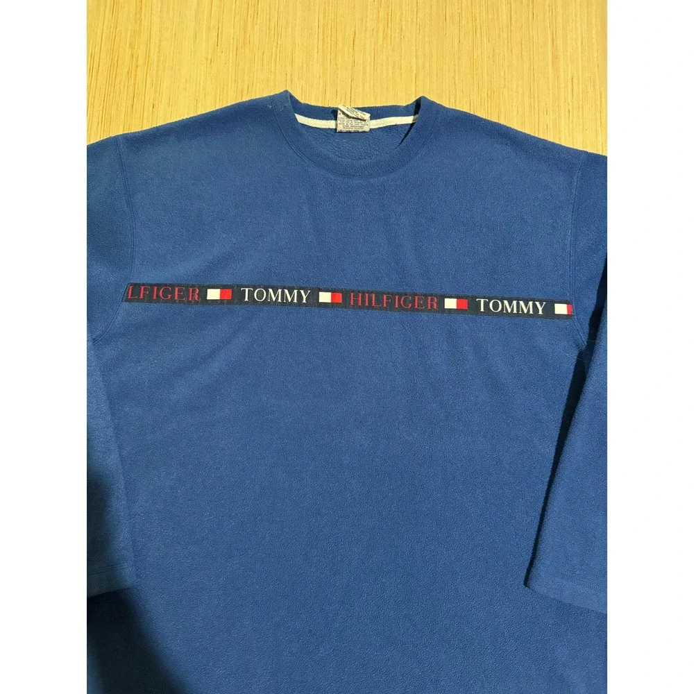 Vintage Tommy Hilfiger Jeans Fleece Sweatshirt Blue Logo Tape Pullover Mens L 37